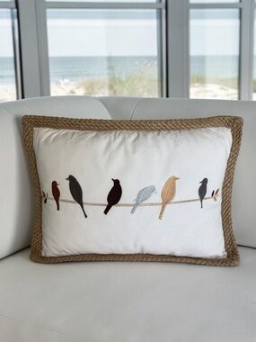 DOMAIN Cotton Jute Embroidered Bird Accent Pillow Duck Feather Insert 14x21